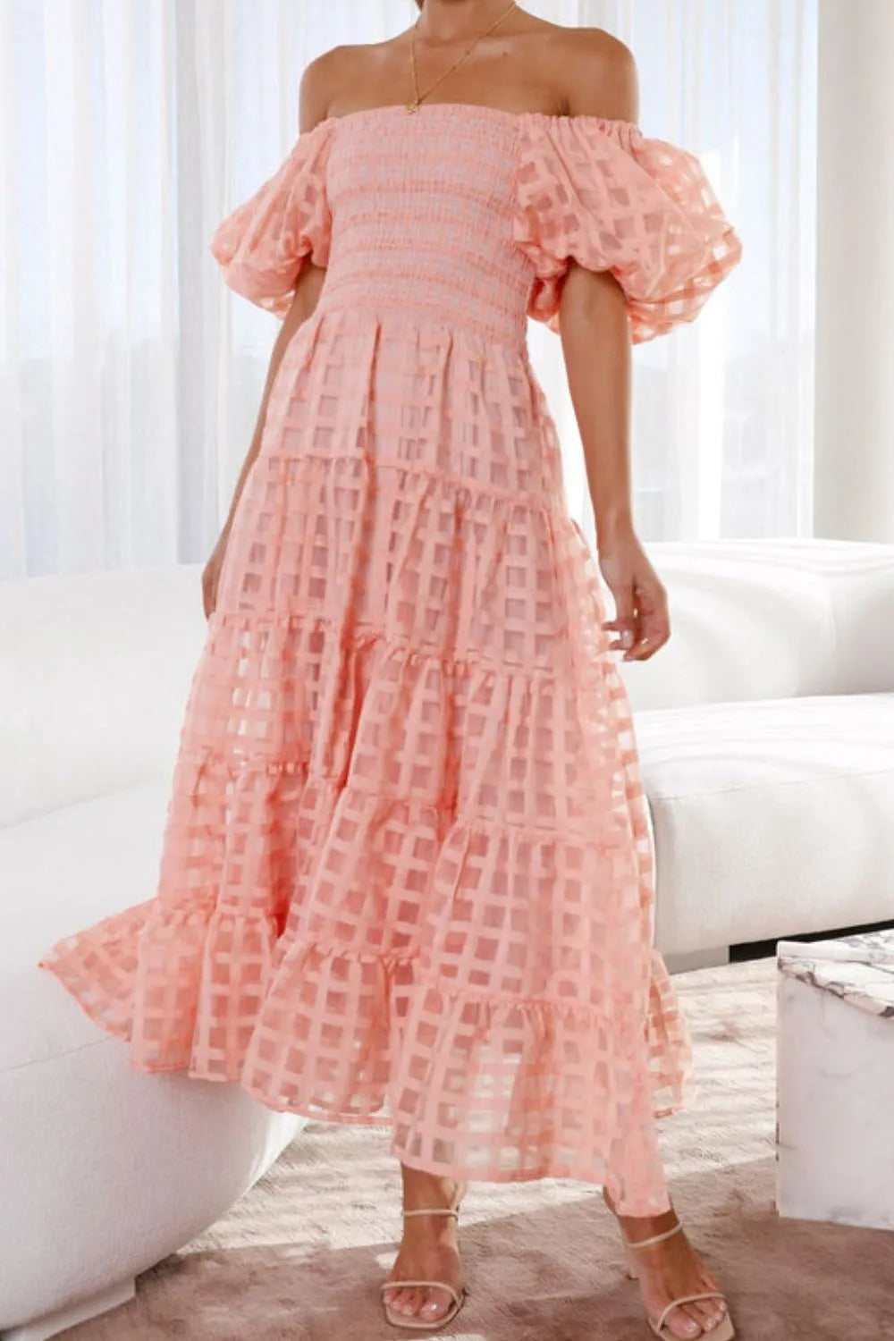 l'ide du cap off-the-shoulder puff-sleeve pleated column midi dress L'IDE Du Cap Off-The-Shoulder Puff-Sleeve Pleated Column Midi Dress