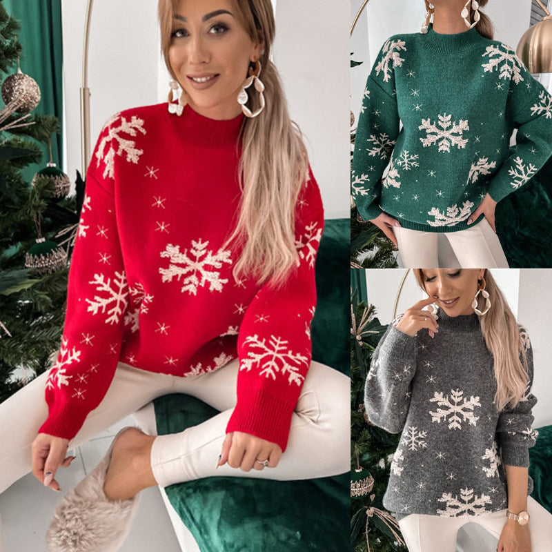 Women's Christmas Snowflake Print Knitted Sweater – Fluffy Loose Fit Pullover for Fall & Winter