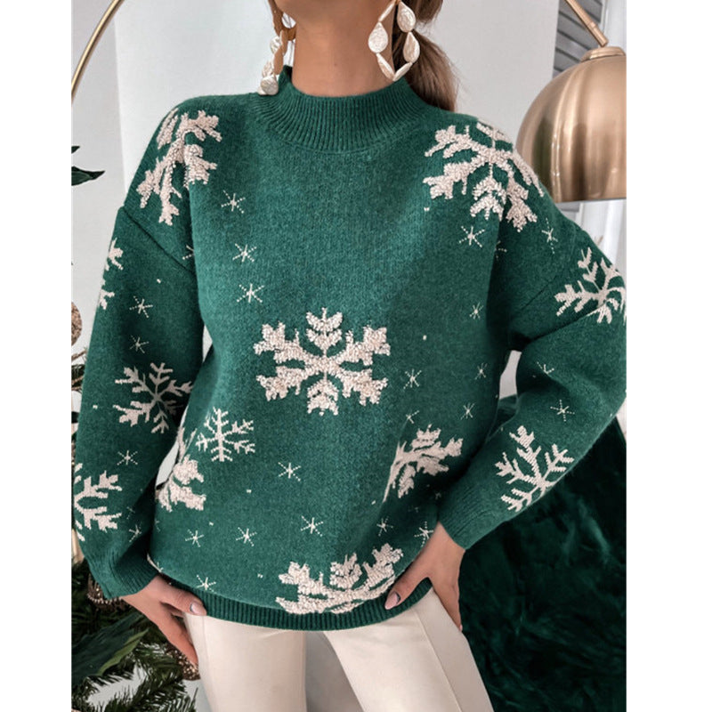 Women's Christmas Snowflake Print Knitted Sweater – Fluffy Loose Fit Pullover for Fall & Winter