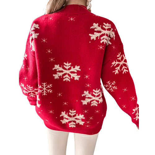 Women's Christmas Snowflake Print Knitted Sweater – Fluffy Loose Fit Pullover for Fall & Winter