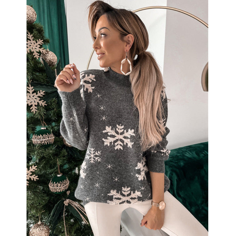 Women's Christmas Snowflake Print Knitted Sweater – Fluffy Loose Fit Pullover for Fall & Winter