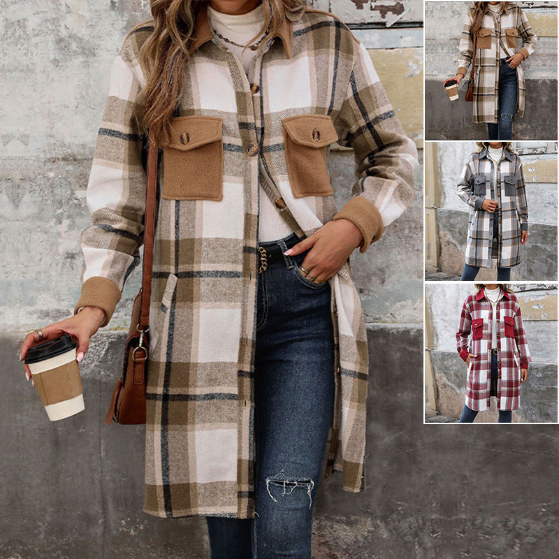 Women's Brushed Plaid Long Coat with Pockets – Fashionable Winter Jacket