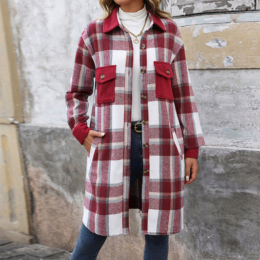 Women's Brushed Plaid Long Coat with Pockets – Fashionable Winter Jacket