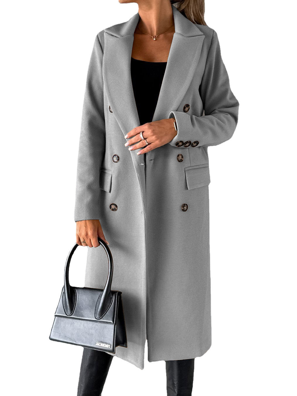 Women's Long Sleeve Double-Breasted Lapel Coat – Slim Fit Winter Fashion Solid Long Jacket