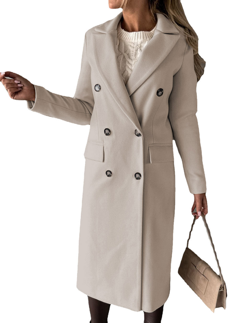 Women's Long Sleeve Double-Breasted Lapel Coat – Slim Fit Winter Fashion Solid Long Jacket