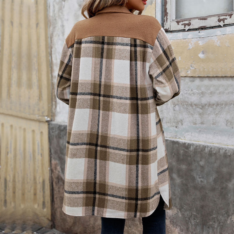 Women's Brushed Plaid Long Coat with Pockets – Fashionable Winter Jacket