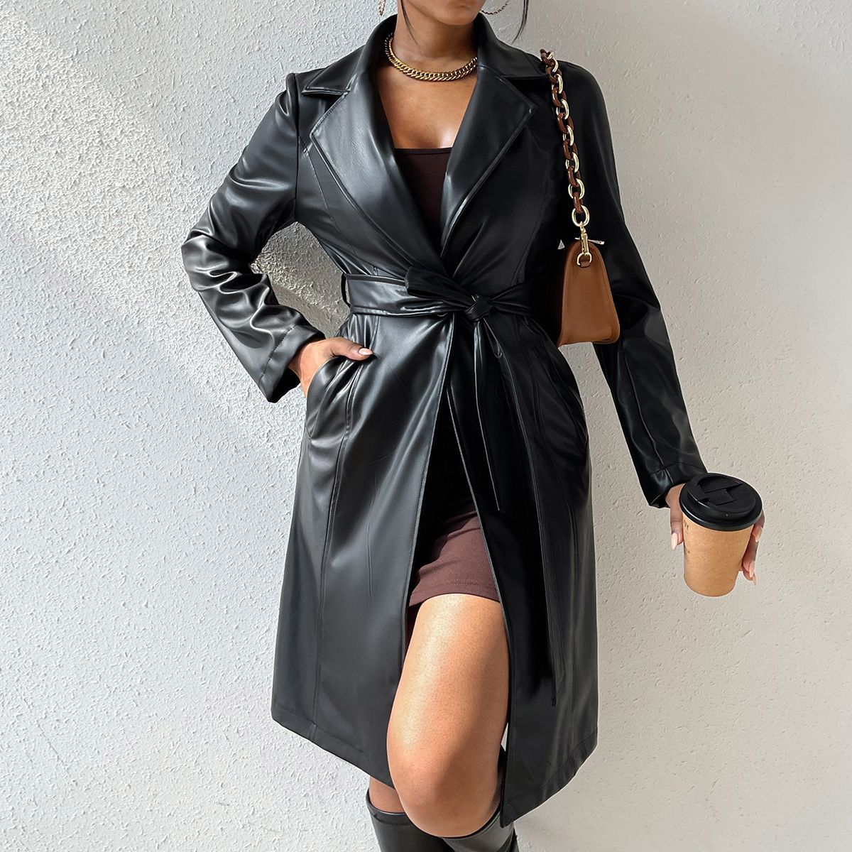 Women's Slim Fit Long Sleeve Lapel PU Leather Trench Coat with Pockets - Stylish and Comfortable