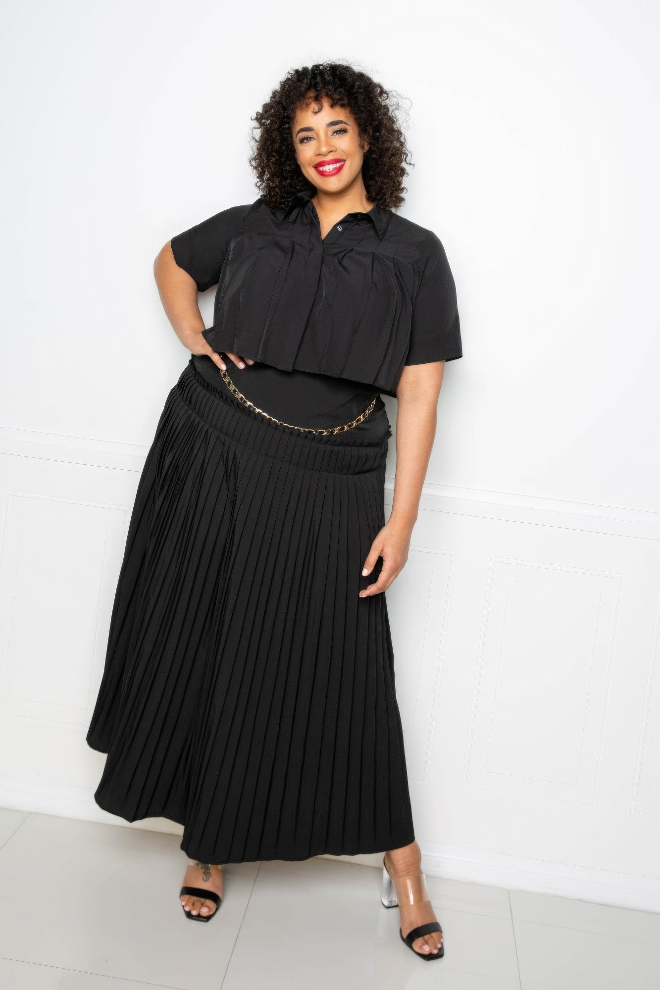 Pleated Cropped Shirt And Maxi Skirt Set