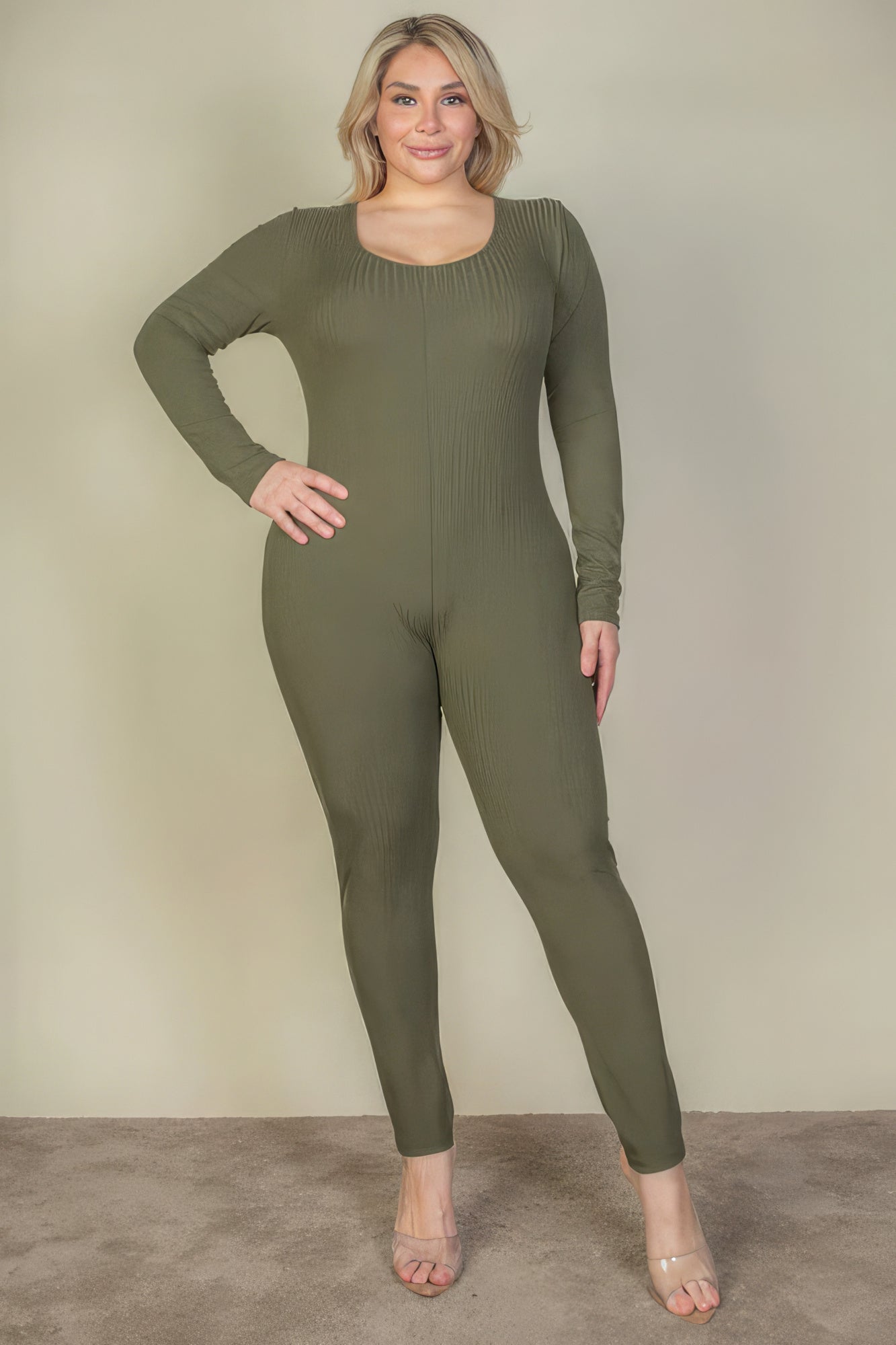 Plus Size Ribbed Scoop Neck Long Sleeve Jumpsuit