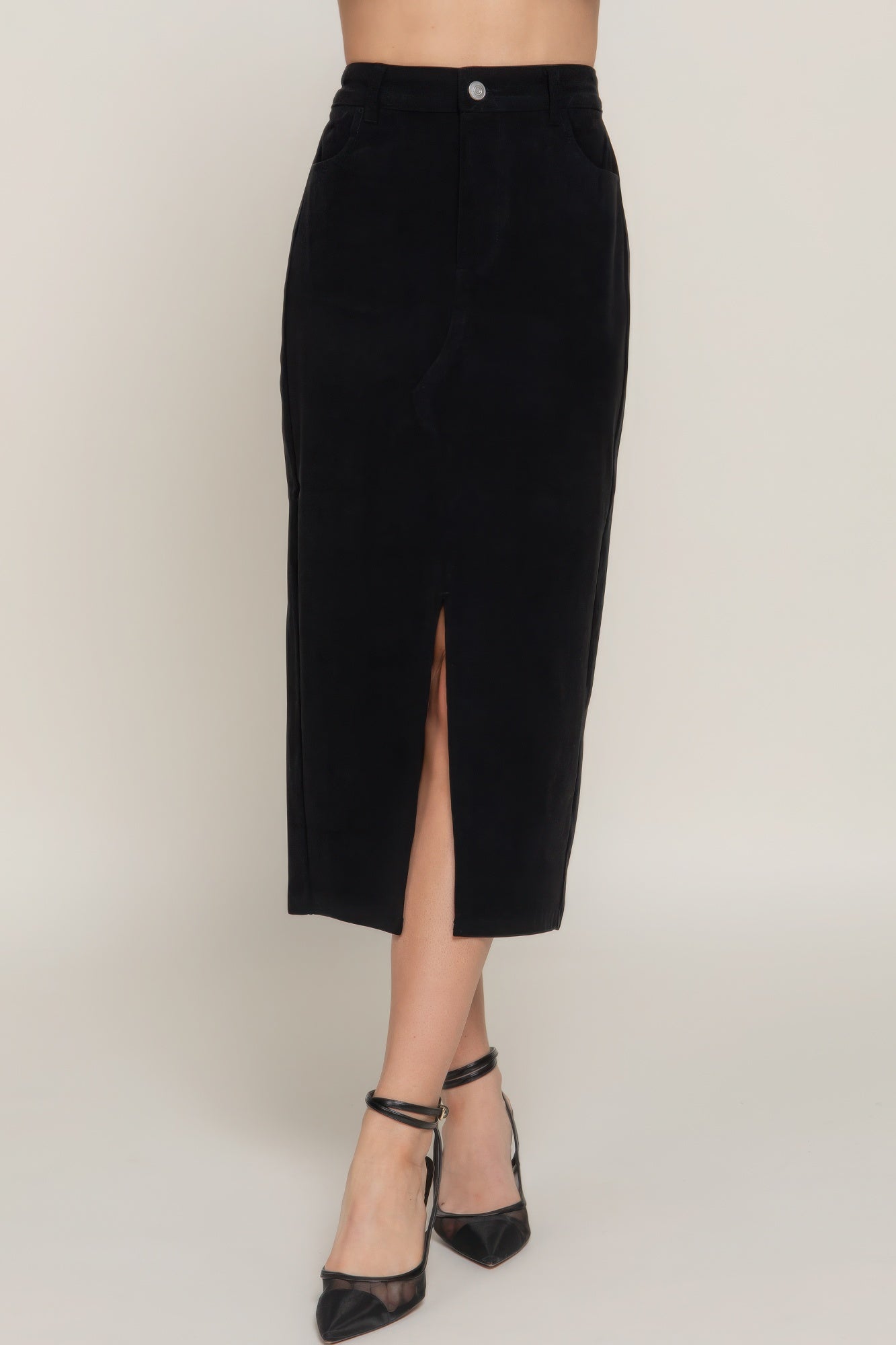 Front Open Slit Corduroy Midi Skirt