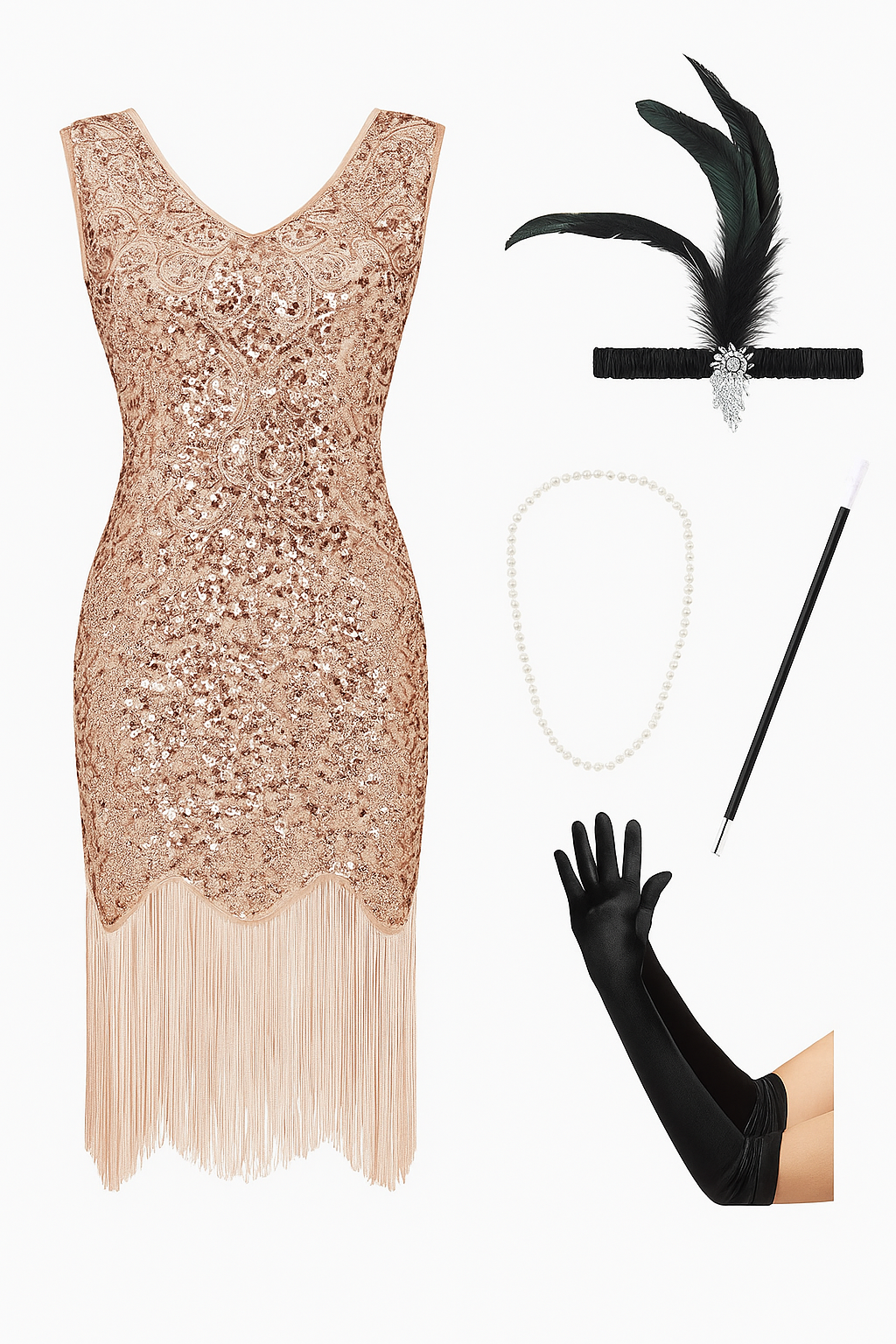 Flapper Costume for Women – 1920s Roaring Gatsby Fringe Dress with Accessories -3XL