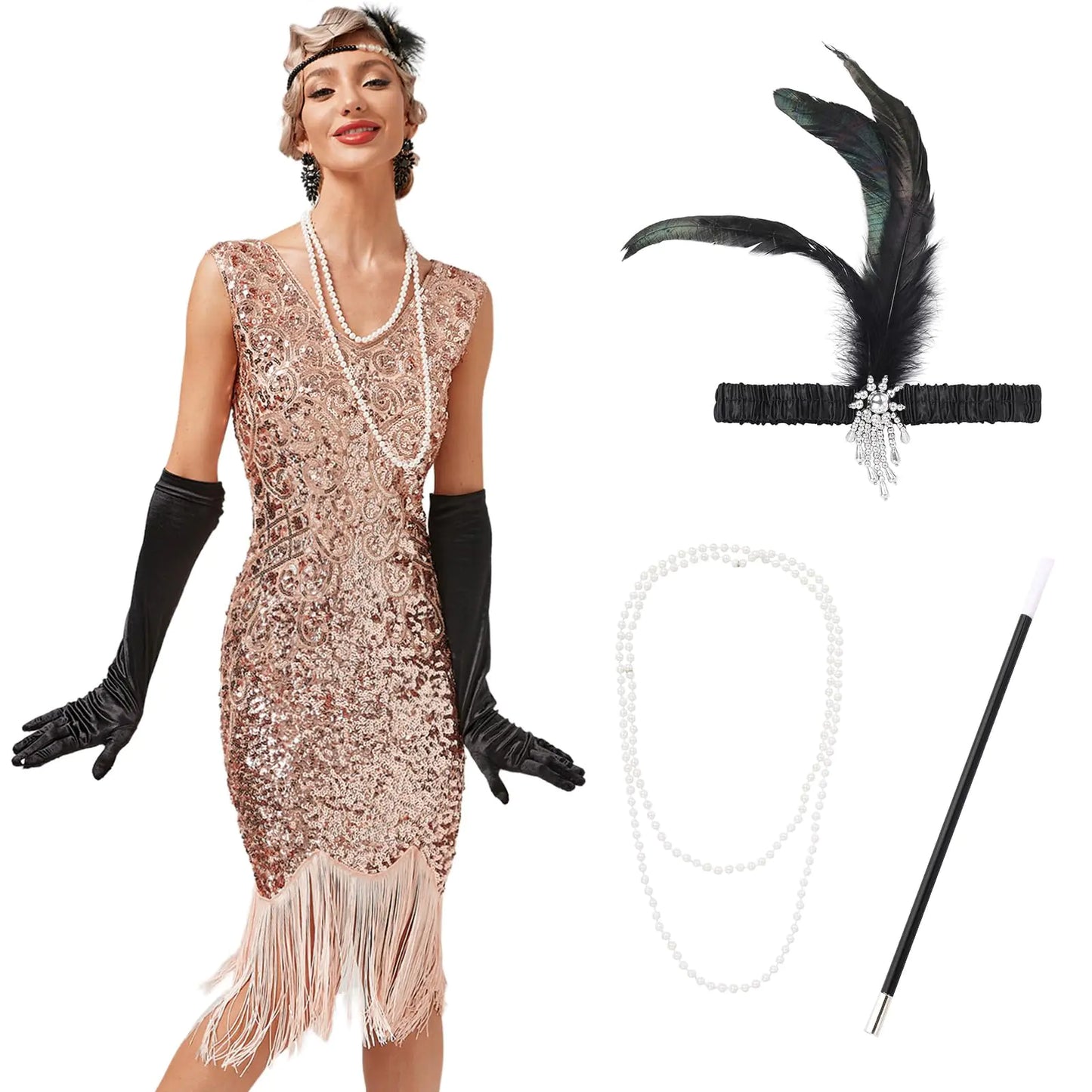 Flapper Costume for Women – 1920s Roaring Gatsby Fringe Dress with Accessories -3XL