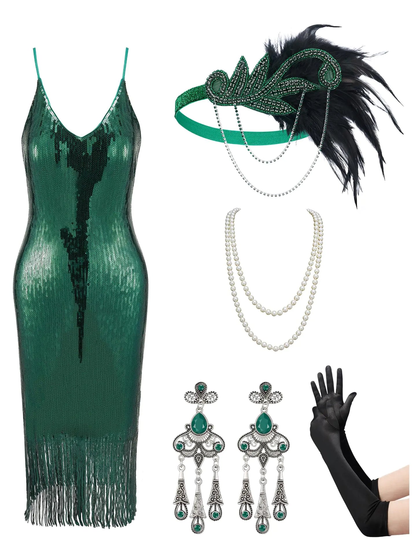 Flapper Dresses 1920s Gatsby Dresses for Women Roaring 20s Costumes Great Gatsby Outfits with 20s Accessories Set Malachite Green Small