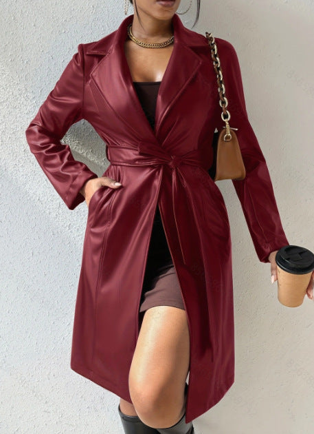 Women's Slim Fit Long Sleeve Lapel PU Leather Trench Coat with Pockets - Stylish and Comfortable