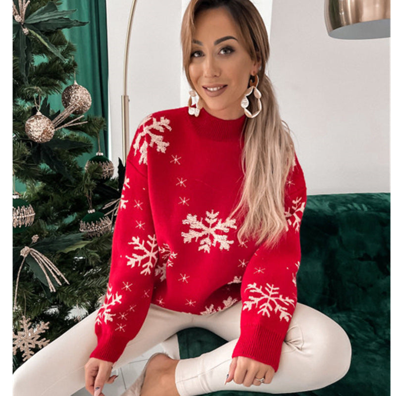 Women's Christmas Snowflake Print Knitted Sweater – Fluffy Loose Fit Pullover for Fall & Winter