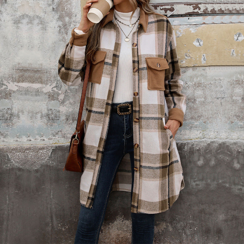 Women's Brushed Plaid Long Coat with Pockets – Fashionable Winter Jacket