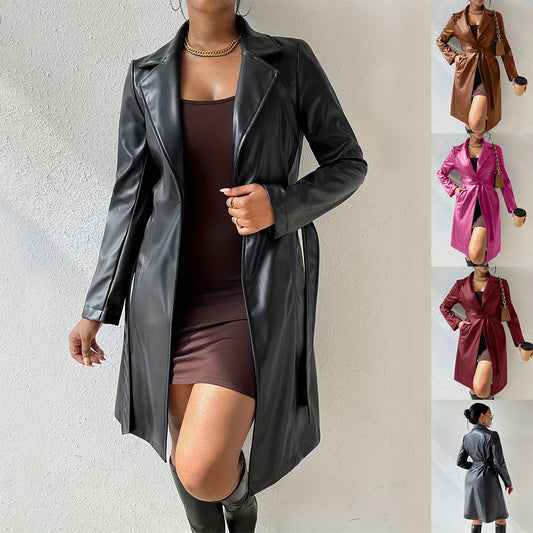 Women's Slim Fit Long Sleeve Lapel PU Leather Trench Coat with Pockets - Stylish and Comfortable