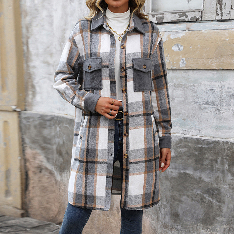 Women's Brushed Plaid Long Coat with Pockets – Fashionable Winter Jacket