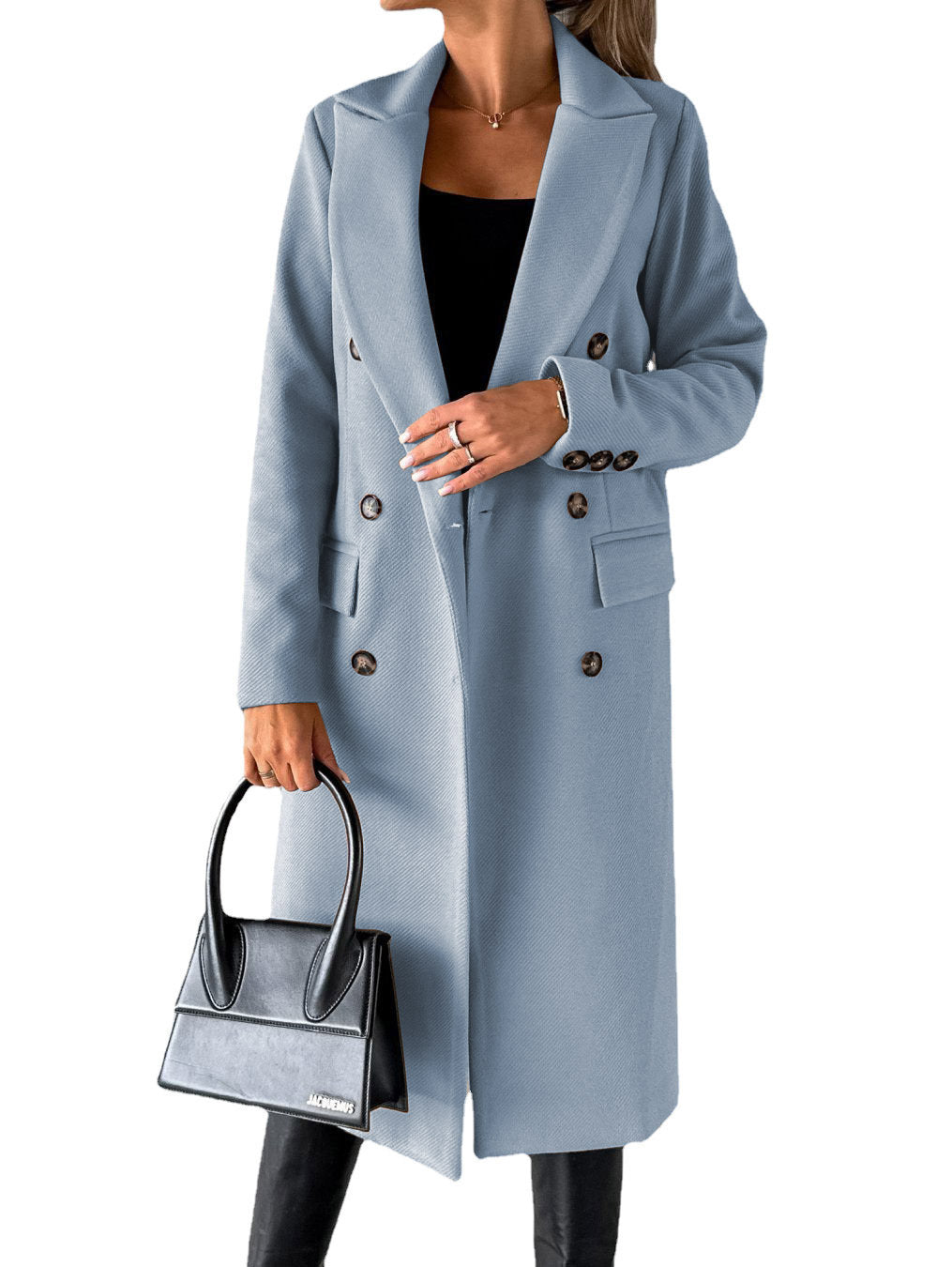 Women's Long Sleeve Double-Breasted Lapel Coat – Slim Fit Winter Fashion Solid Long Jacket