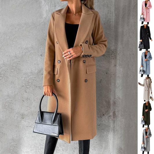 Women's Long Sleeve Double-Breasted Lapel Coat – Slim Fit Winter Fashion Solid Long Jacket