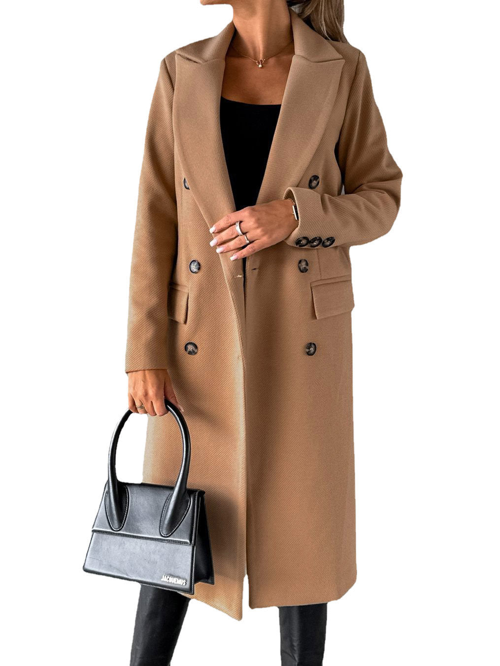 Women's Long Sleeve Double-Breasted Lapel Coat – Slim Fit Winter Fashion Solid Long Jacket