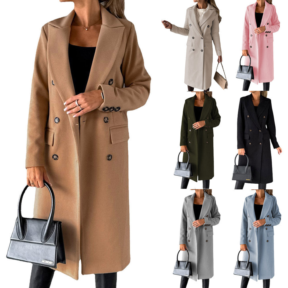 Women's Long Sleeve Double-Breasted Lapel Coat – Slim Fit Winter Fashion Solid Long Jacket